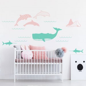 Sea Animals Wall Decal in Mint and Light Pink