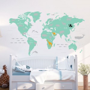 World Map with Animals Wall Decal Mint and Grey